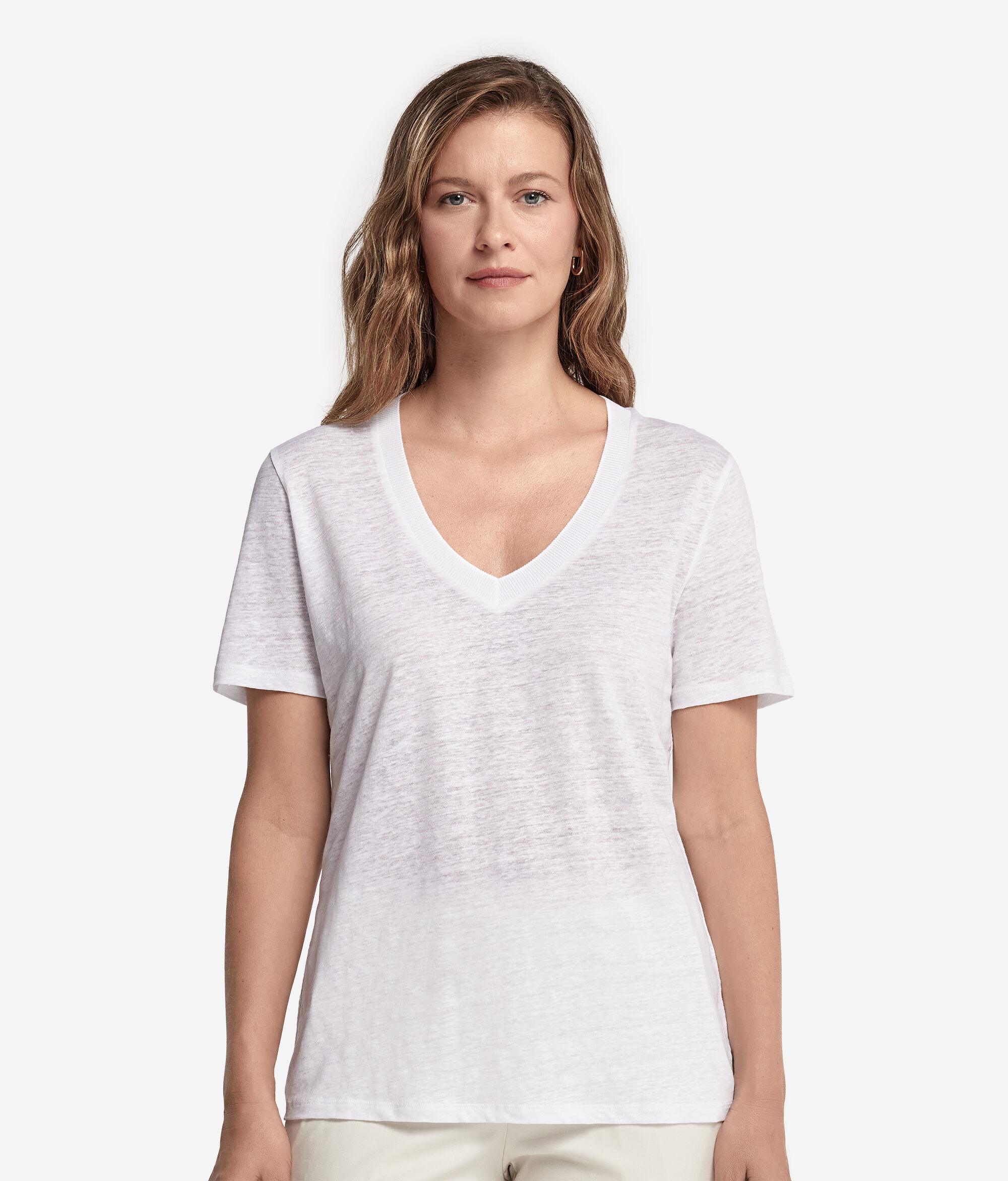 T-Shirt aus Leinen mit V-Ausschnitt und Stricksaum