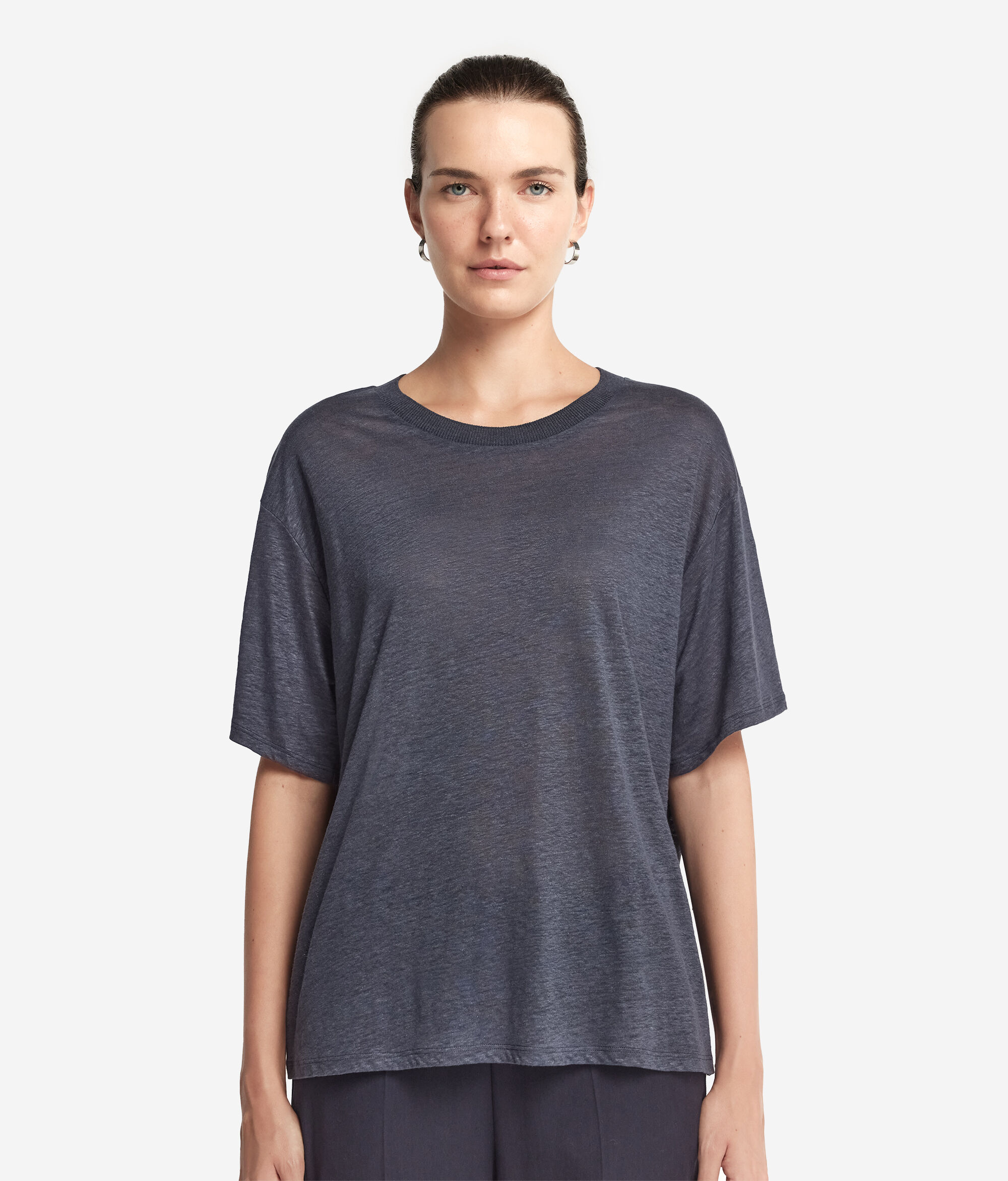 T-Shirt mit Rundhalsausschnitt aus Leinen mit Stricksaum
