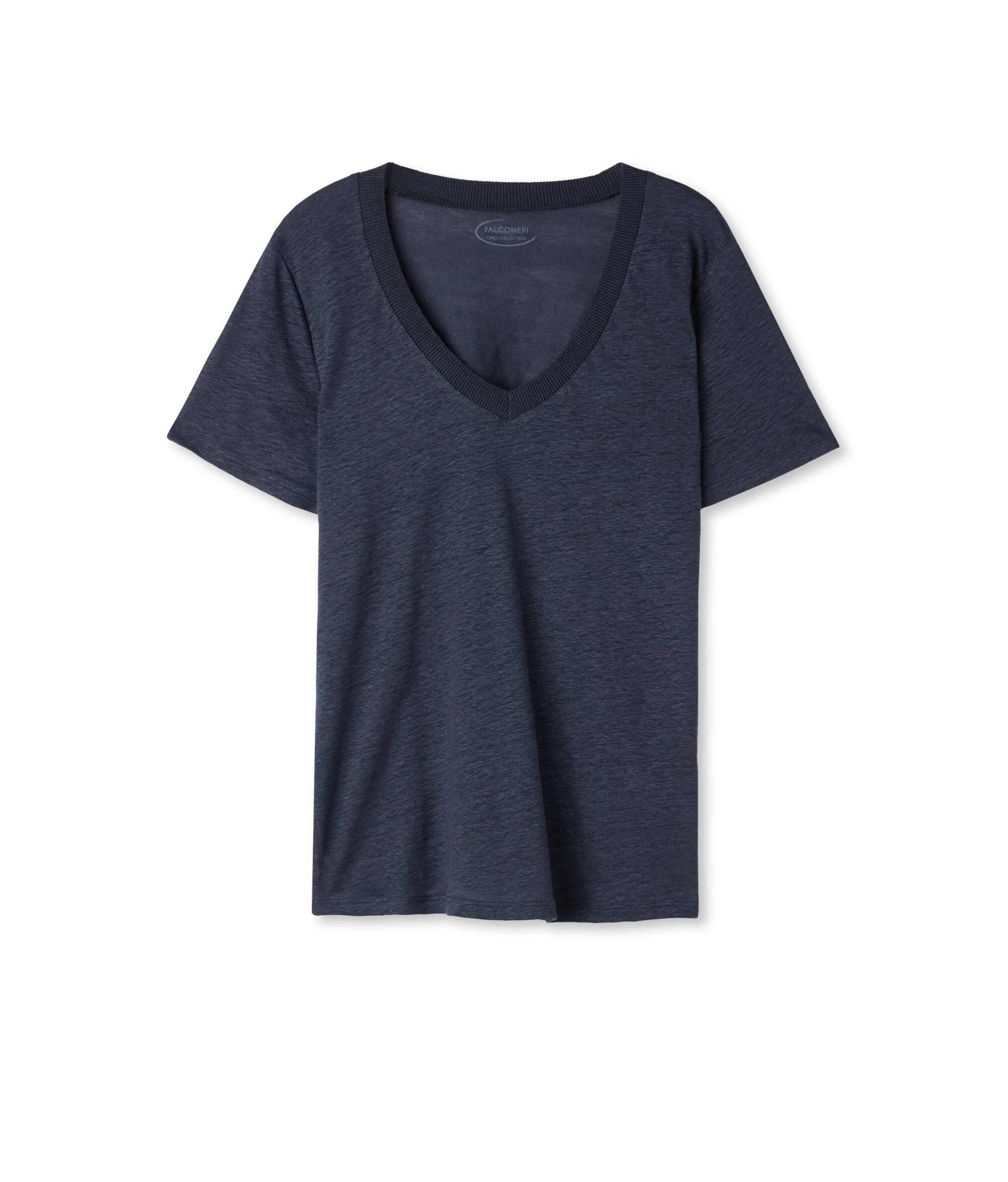T-Shirt aus Leinen mit V-Ausschnitt und Stricksaum_8019