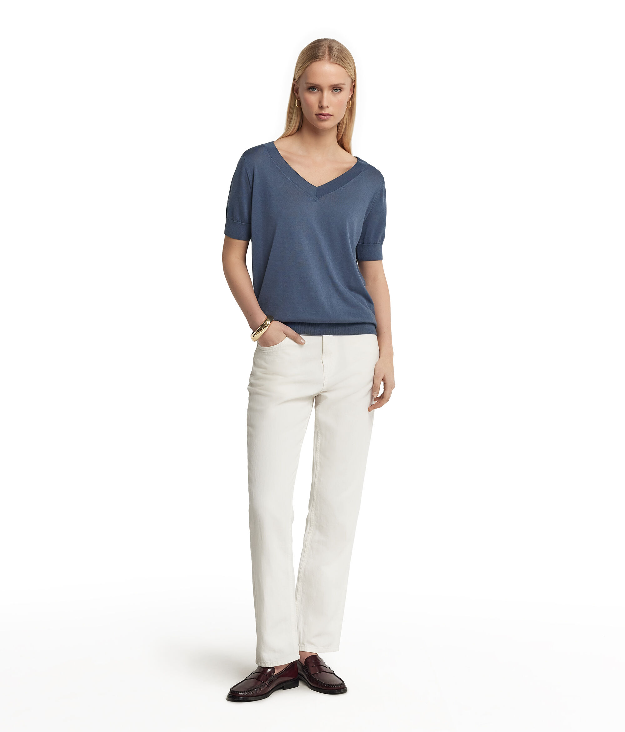 Short-Sleeved V-Neck Silk and Cotton Jumper