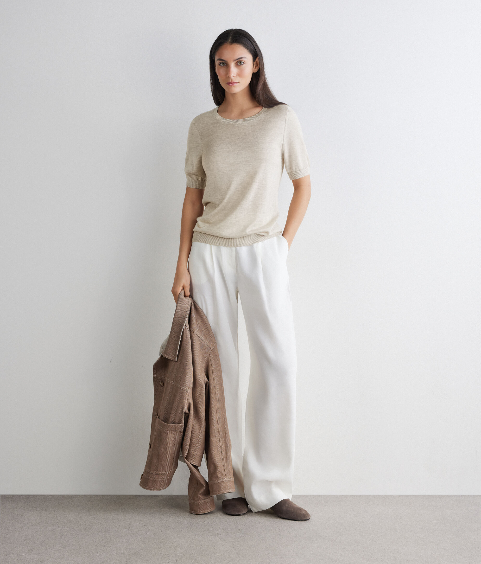 Kaşmir ve İpekli Kısa Kollu Yuvarlak Yaka Triko