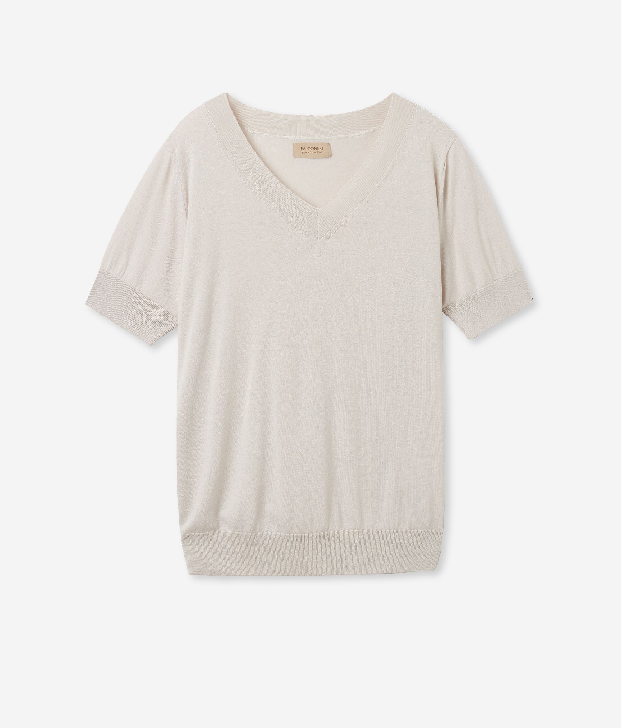 Short-Sleeved V-Neck Silk and Cotton Jumper