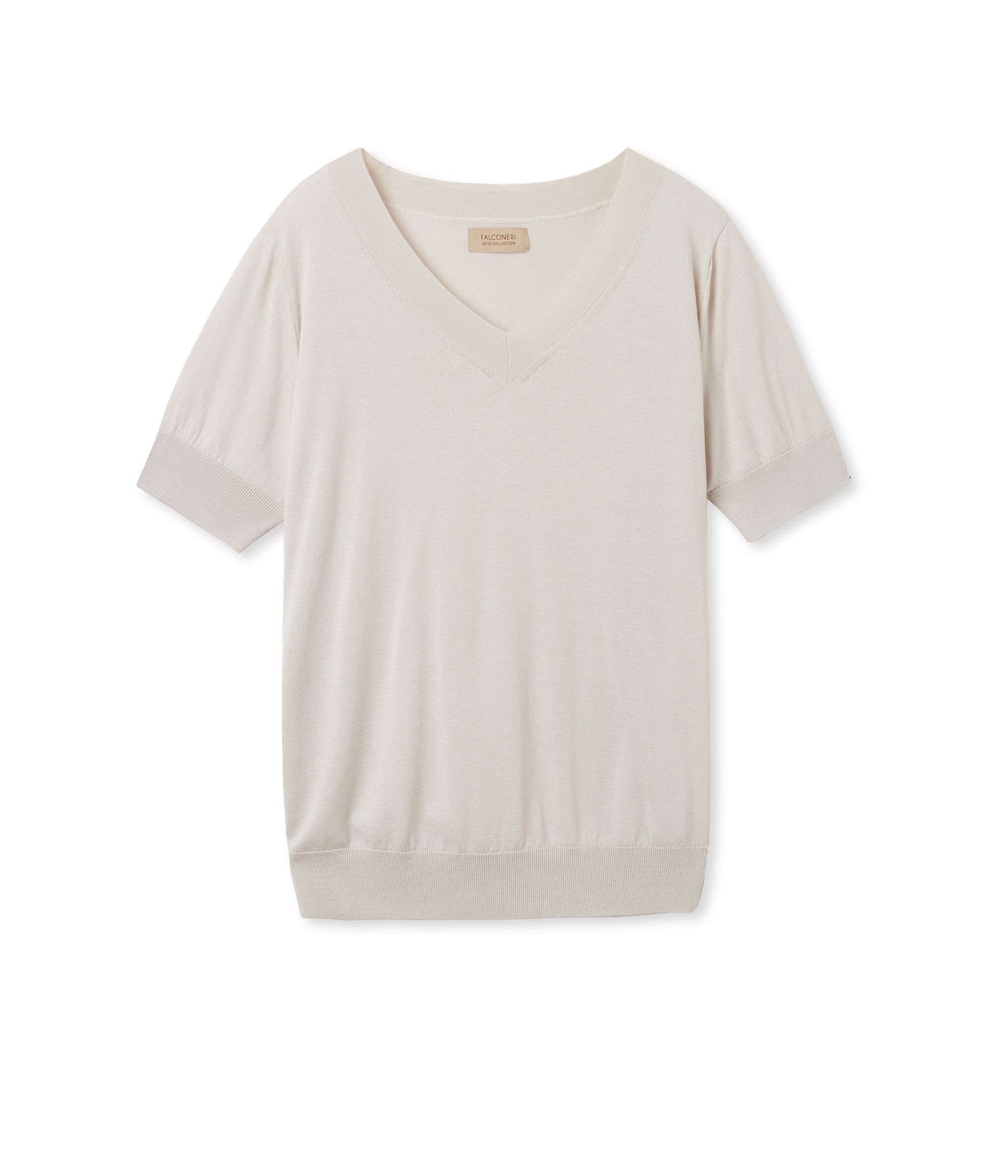 Camiseta con cuello de pico y manga corta en seda y algodón