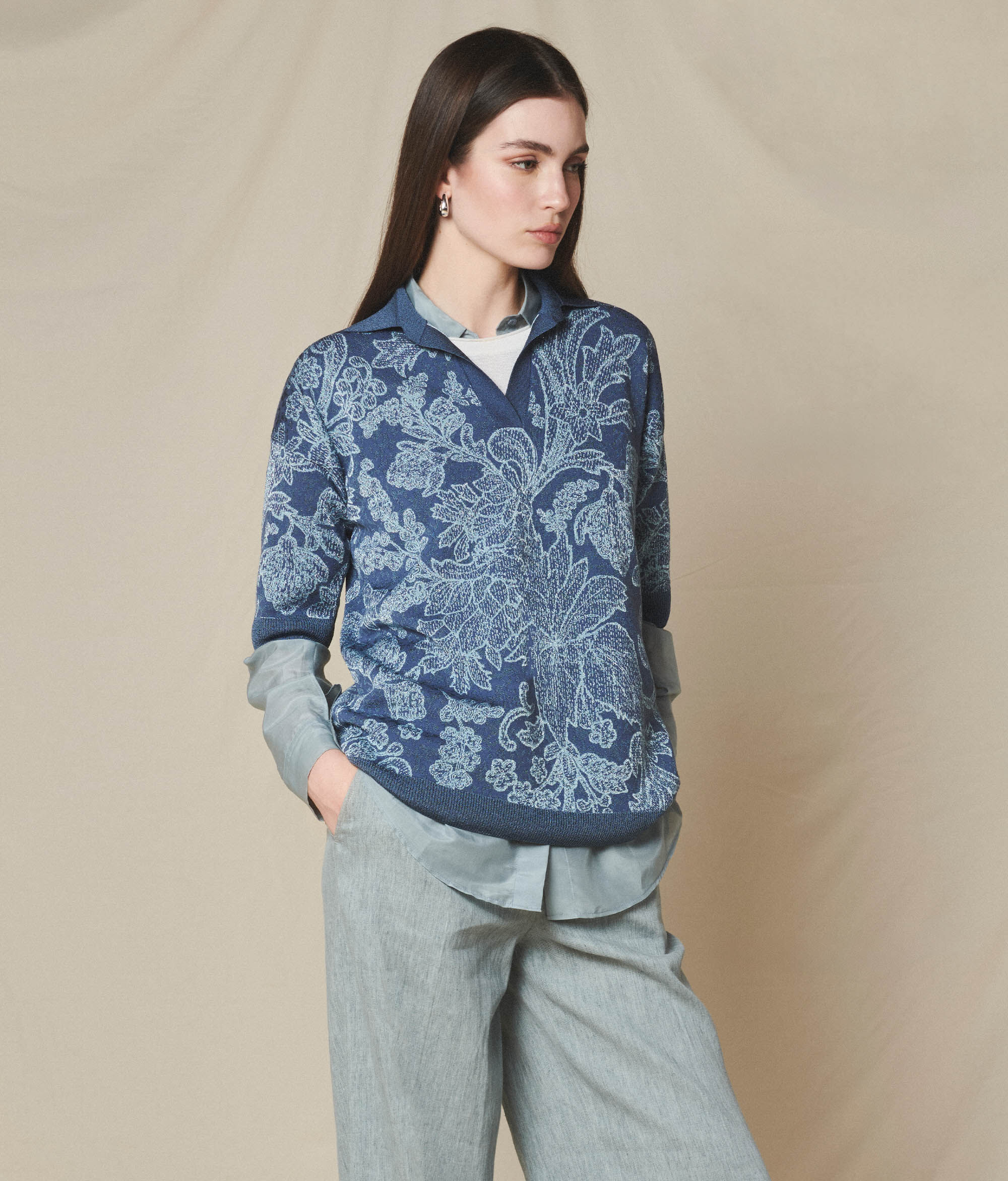 Tricou polo din jacquard cu motive botanice