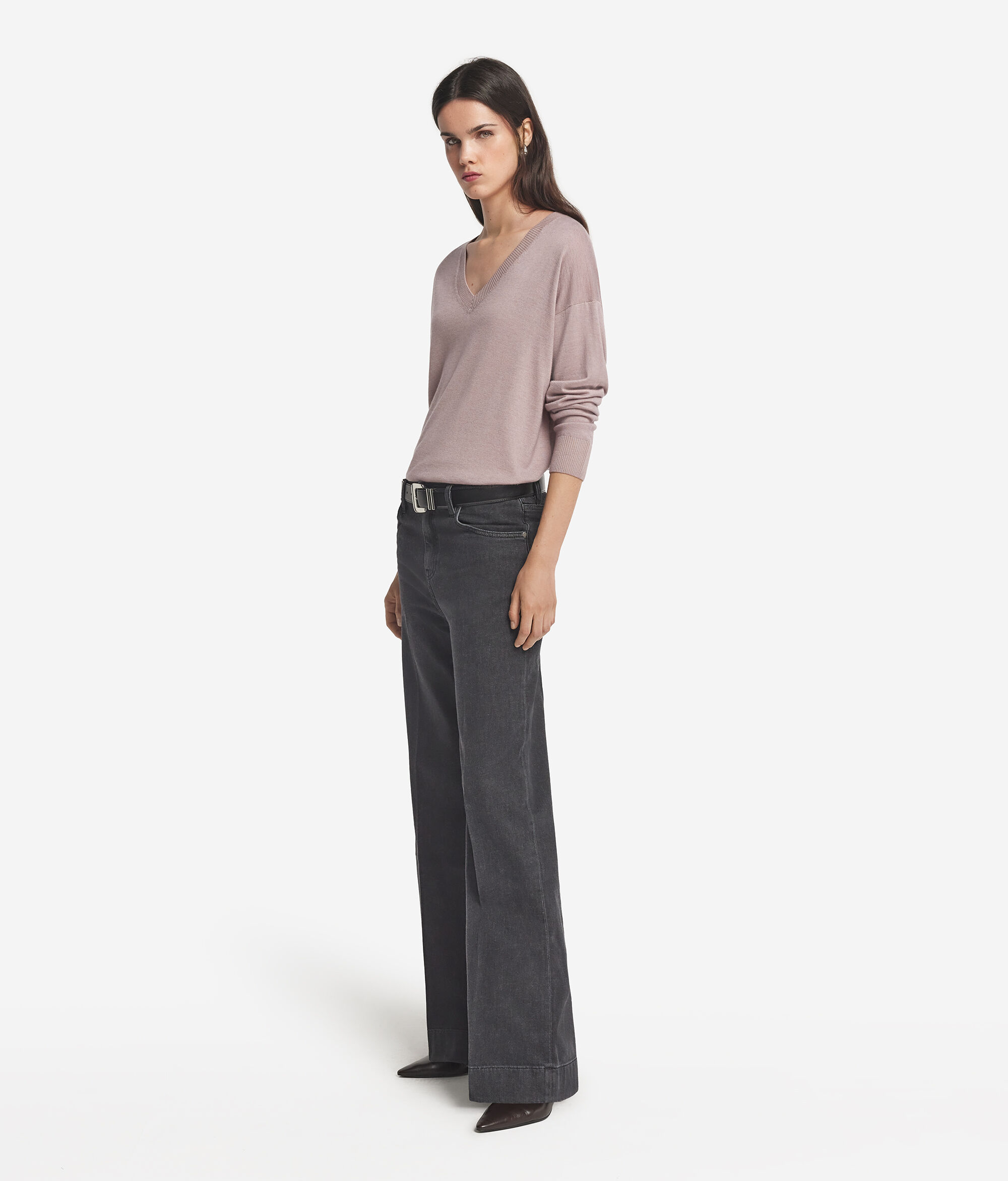 Camisola com Decote em V em Caxemira com Rachas