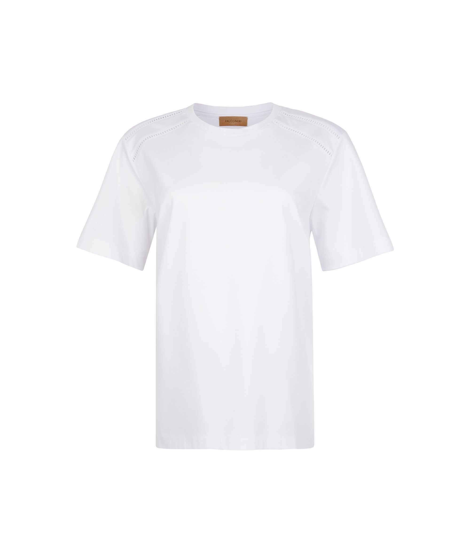 Jedwabny T-shirt z Okrągłym Dekoltem i Makramowymi Wstawkami