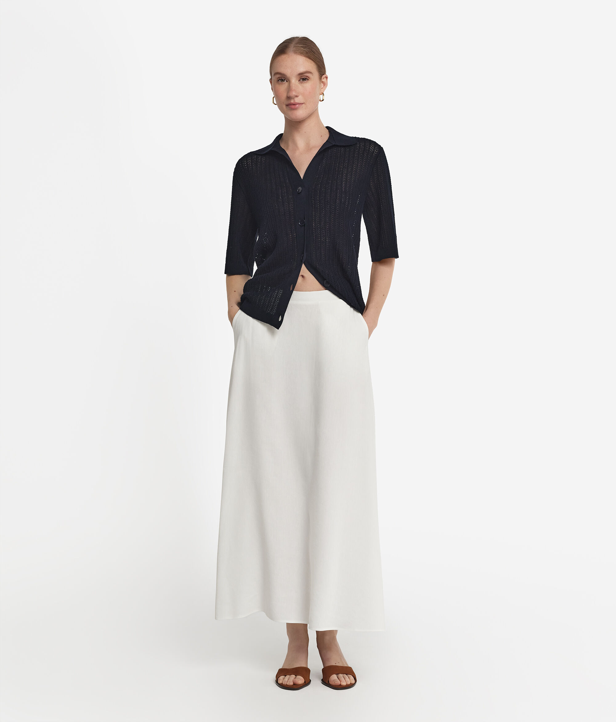 Camicia con Costina Traforata in Cotone e Lino