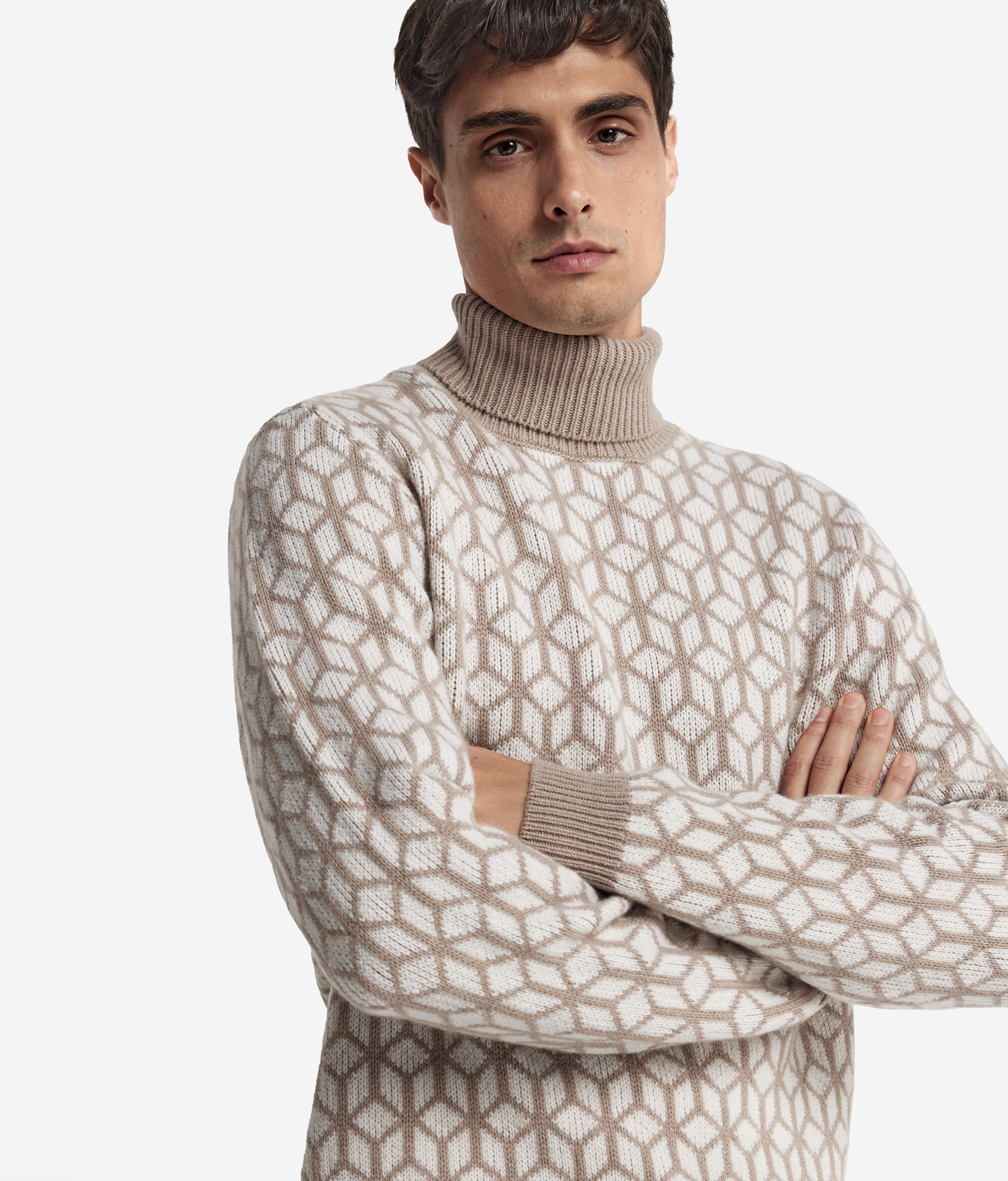 Jacquard Cashmere Turtleneck Jumper with Optical Motif
