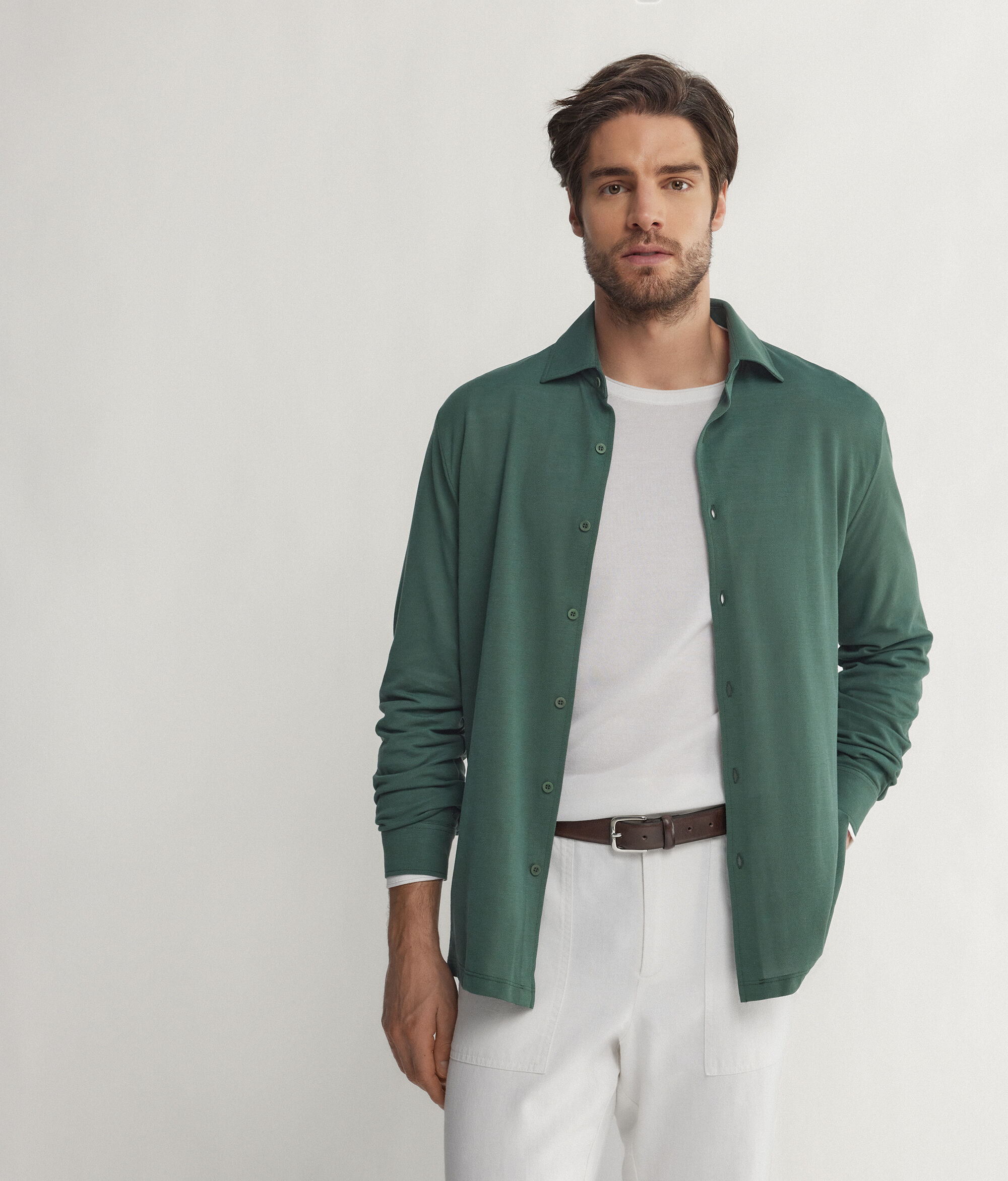Camicia a Maniche Lunghe in Piquet di Cotone Seta