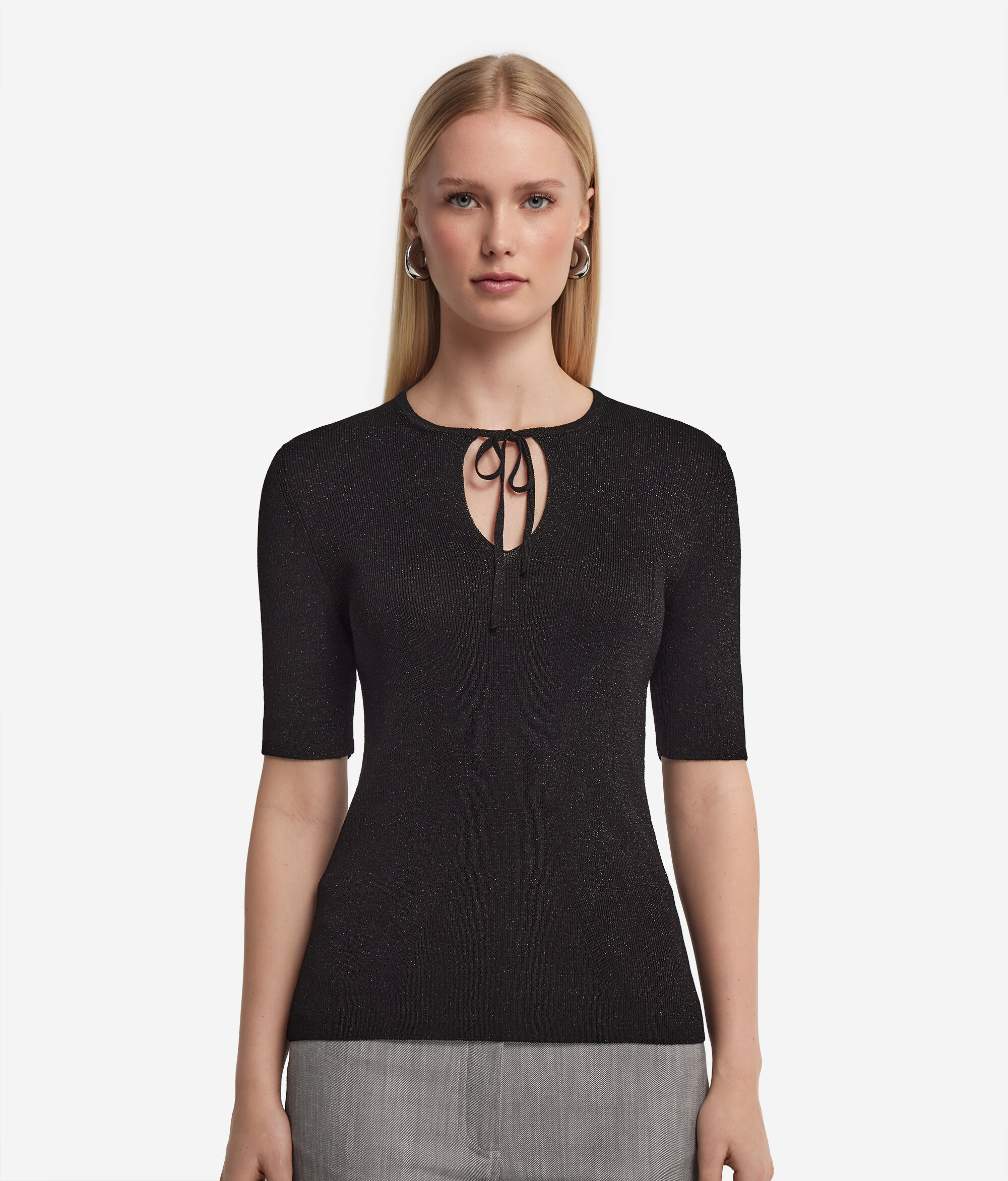 Short-Sleeved Lamé Top with Tie