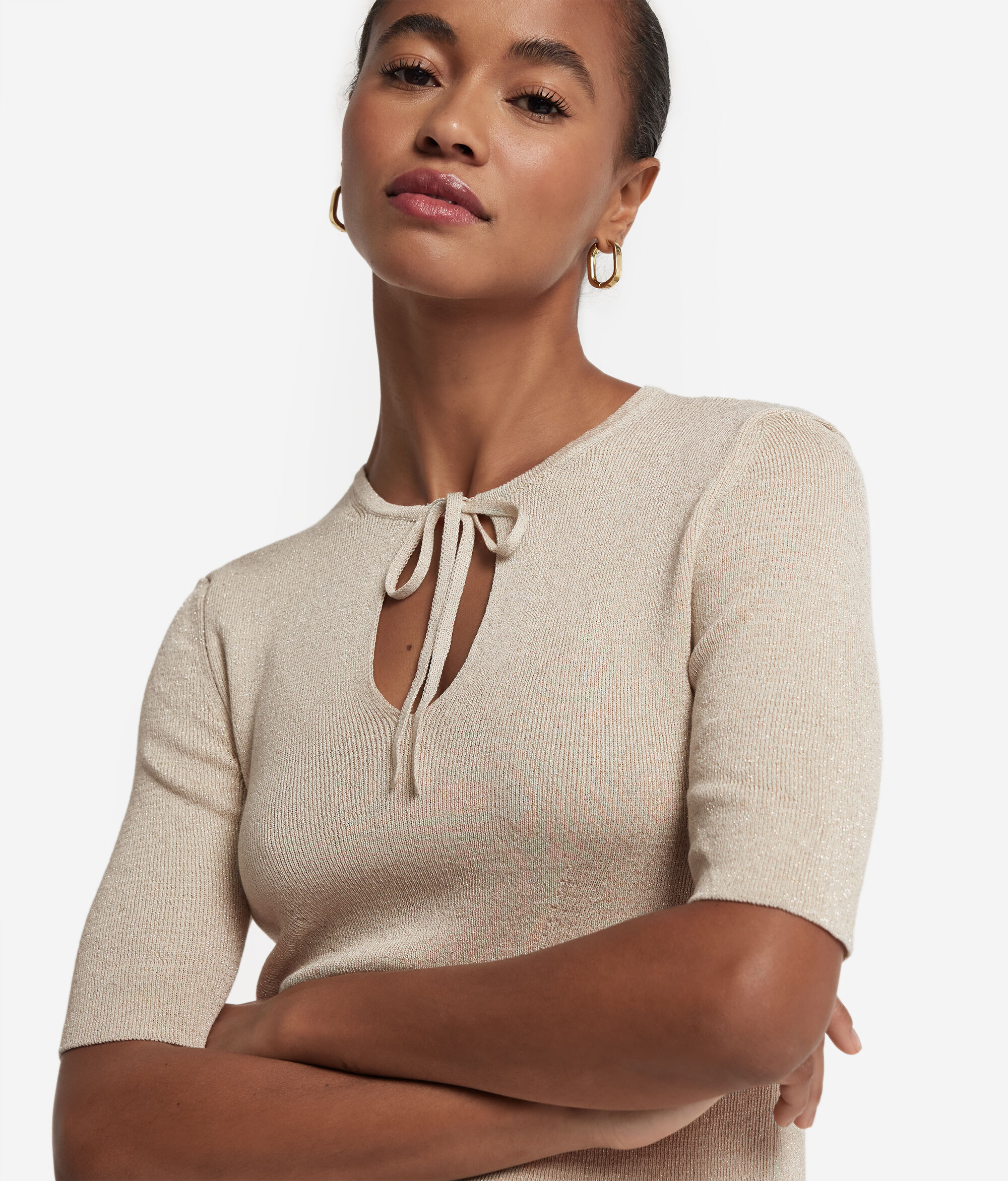 Short-Sleeved Lamé Top with Tie